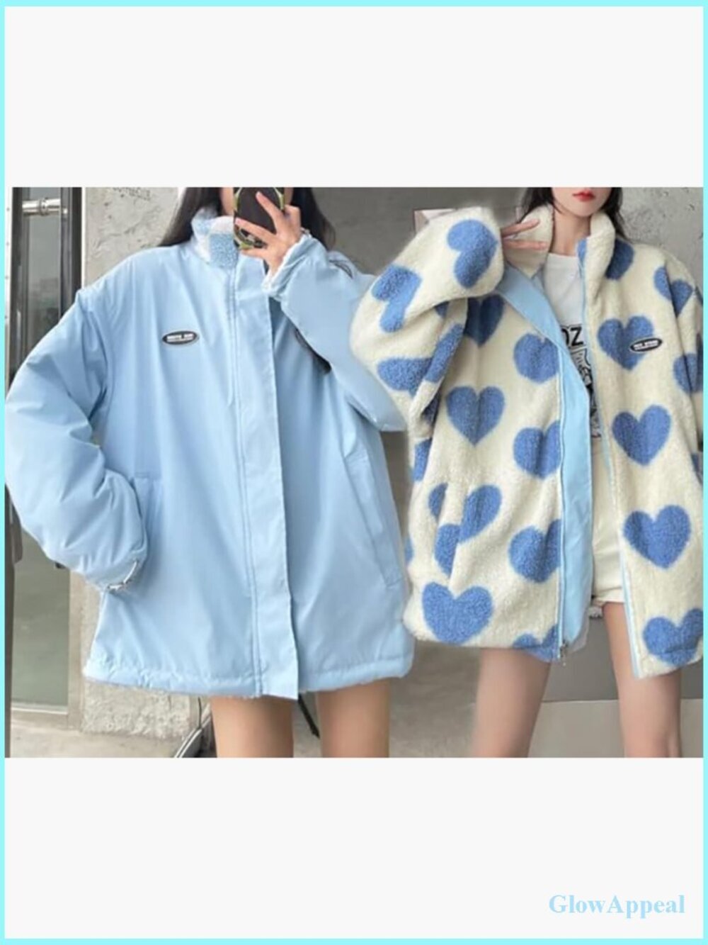Women's Reversible Fleece Sherpa Jacket Kawaii Heart Print Zip Up Cozy - Picture 2 of 7